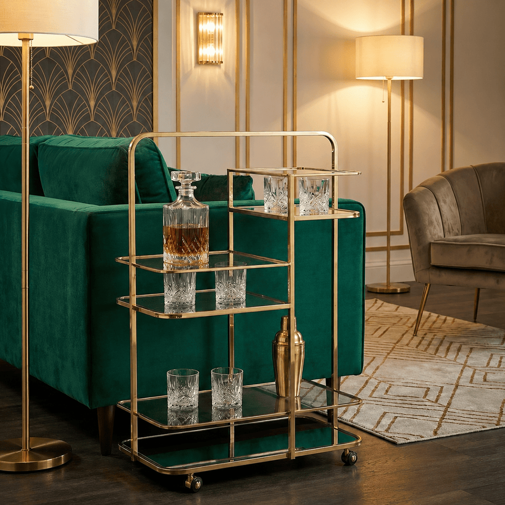 Luxury Gold Drinks Trolley Bar Cart – Mirror Shelves & Castor Wheels - Sol & Stone