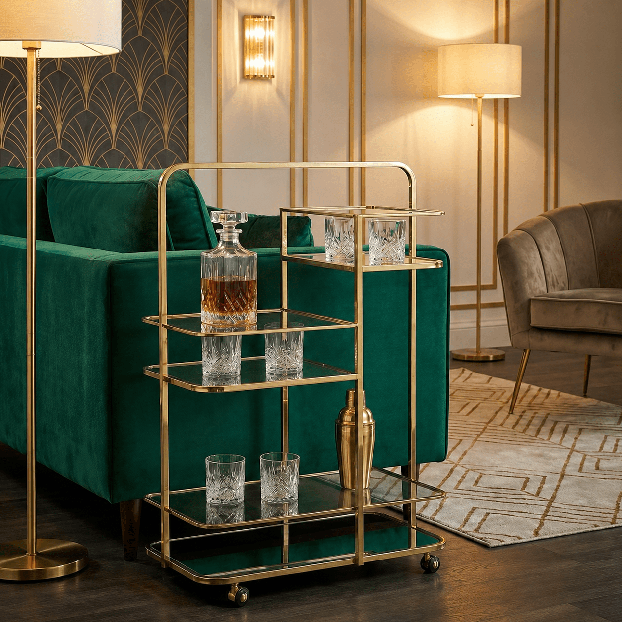 Luxury Gold Drinks Trolley Bar Cart – Mirror Shelves & Castor Wheels - Sol & Stone